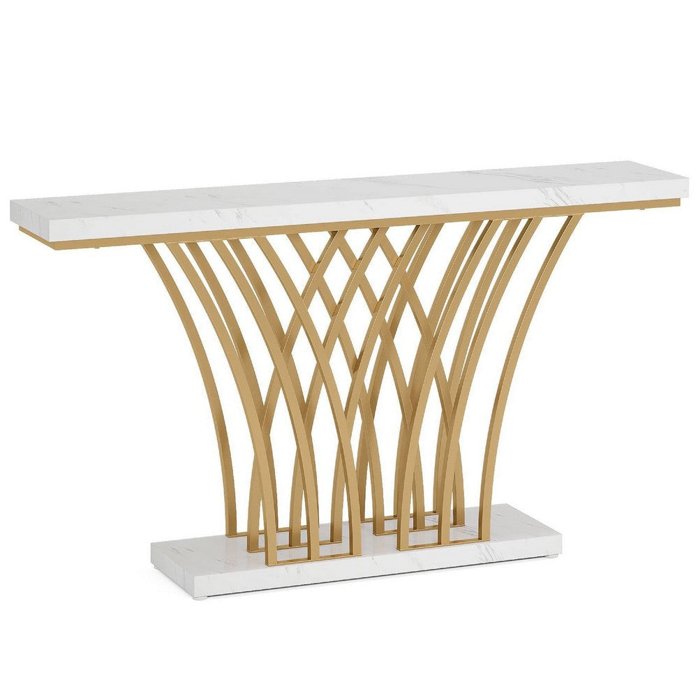 Sofa Console Table | 59" White Faux Marble | Sculptural Gold Base
