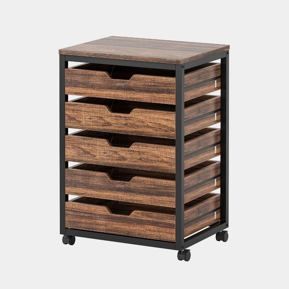 Mobile Office Cabinet | 5 Drawers Cutout Handles | Rustic Brown Black