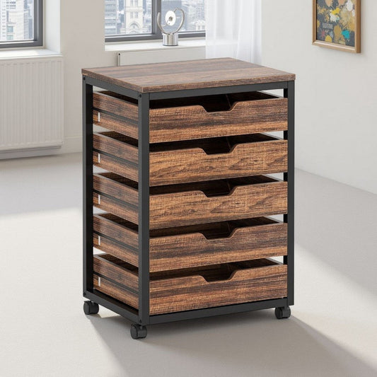 Mobile Office Cabinet | 5 Drawers Cutout Handles | Rustic Brown Black
