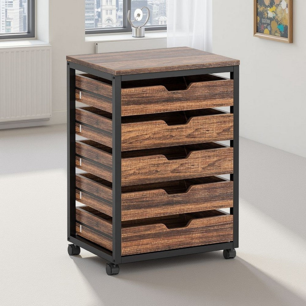 Mobile Office Cabinet | 5 Drawers Cutout Handles | Rustic Brown Black