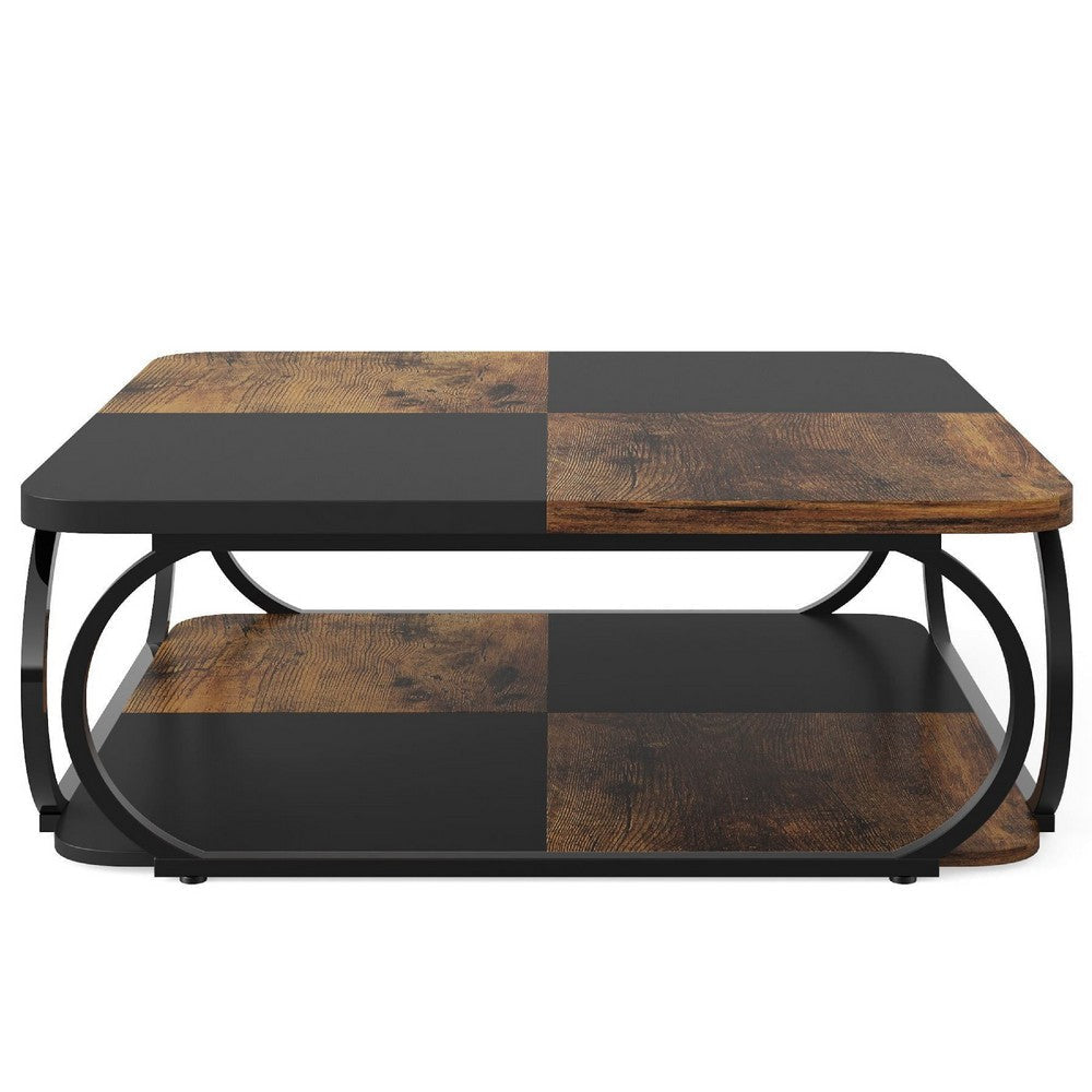 Coffee Table w Lower Shelf | Black n Rustic Brown Patchwork | 39’’ BM336924
