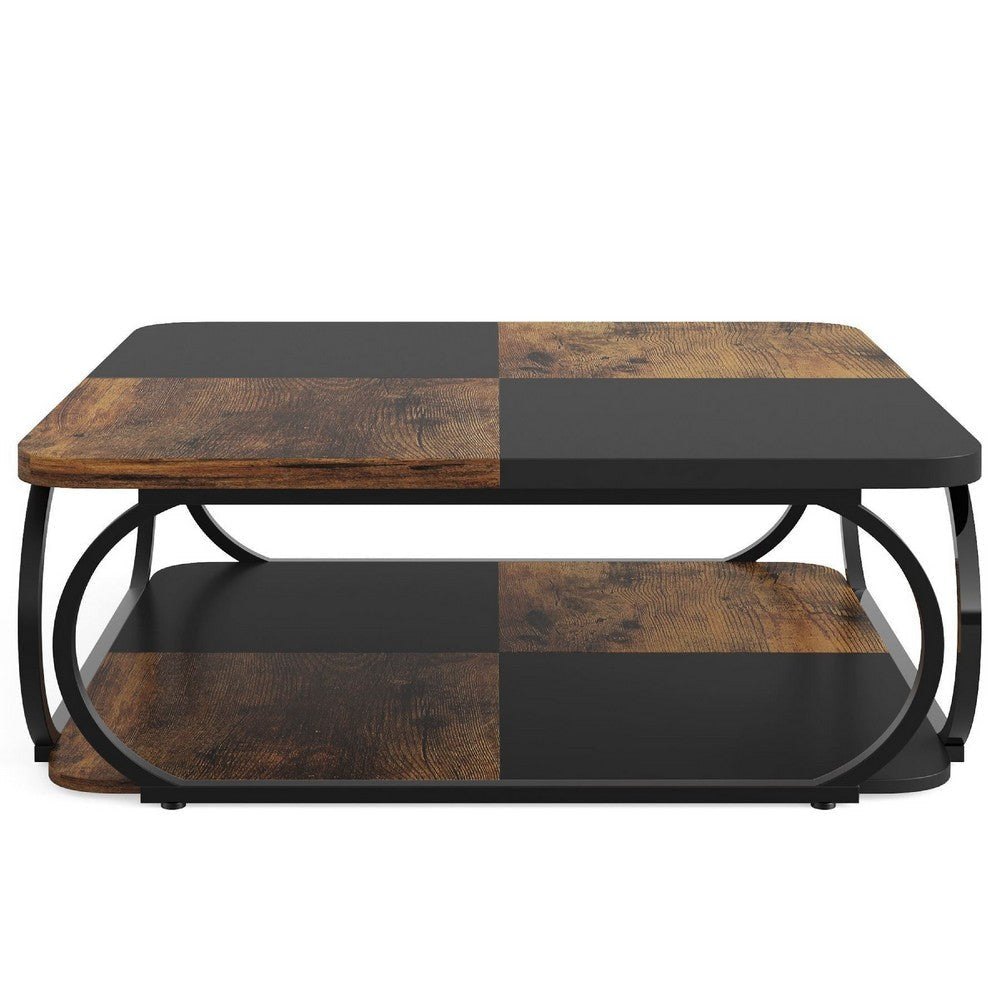 Coffee Table w Lower Shelf | Black n Rustic Brown Patchwork | 39"