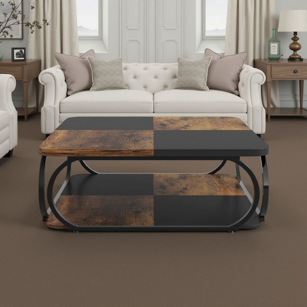 Coffee Table w Lower Shelf | Black n Rustic Brown Patchwork | 39"