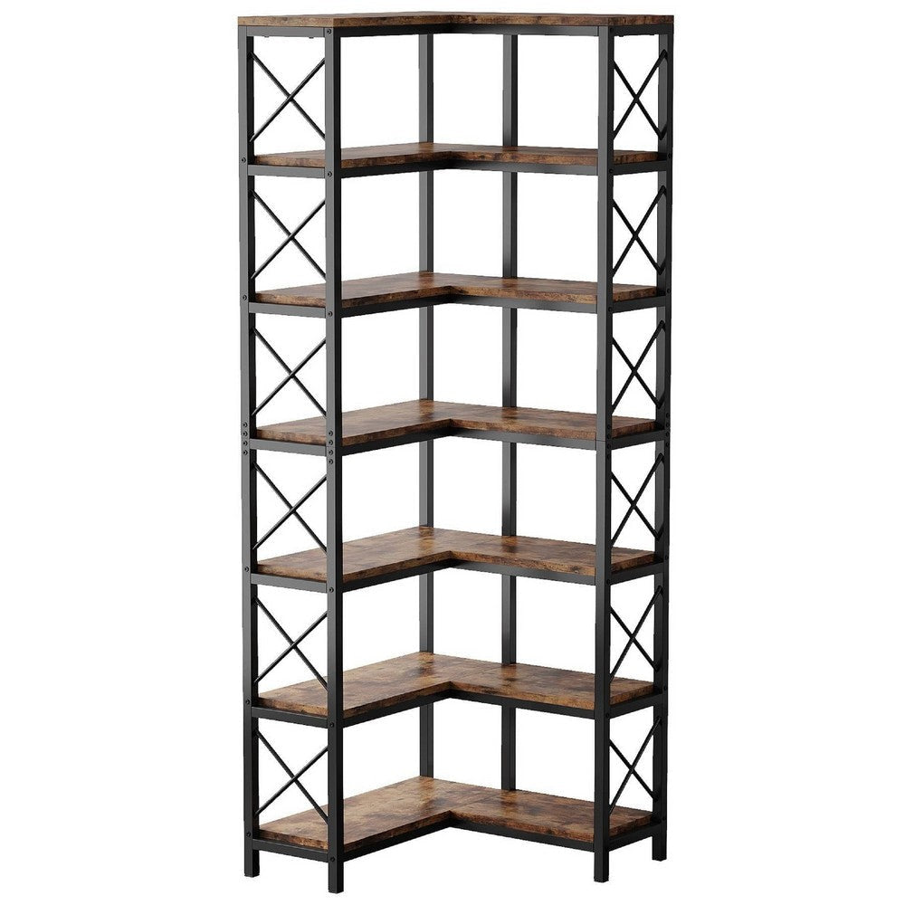 Corner Bookcase | 7 Tier w 14 Open Shelves | 79" Industrial Black