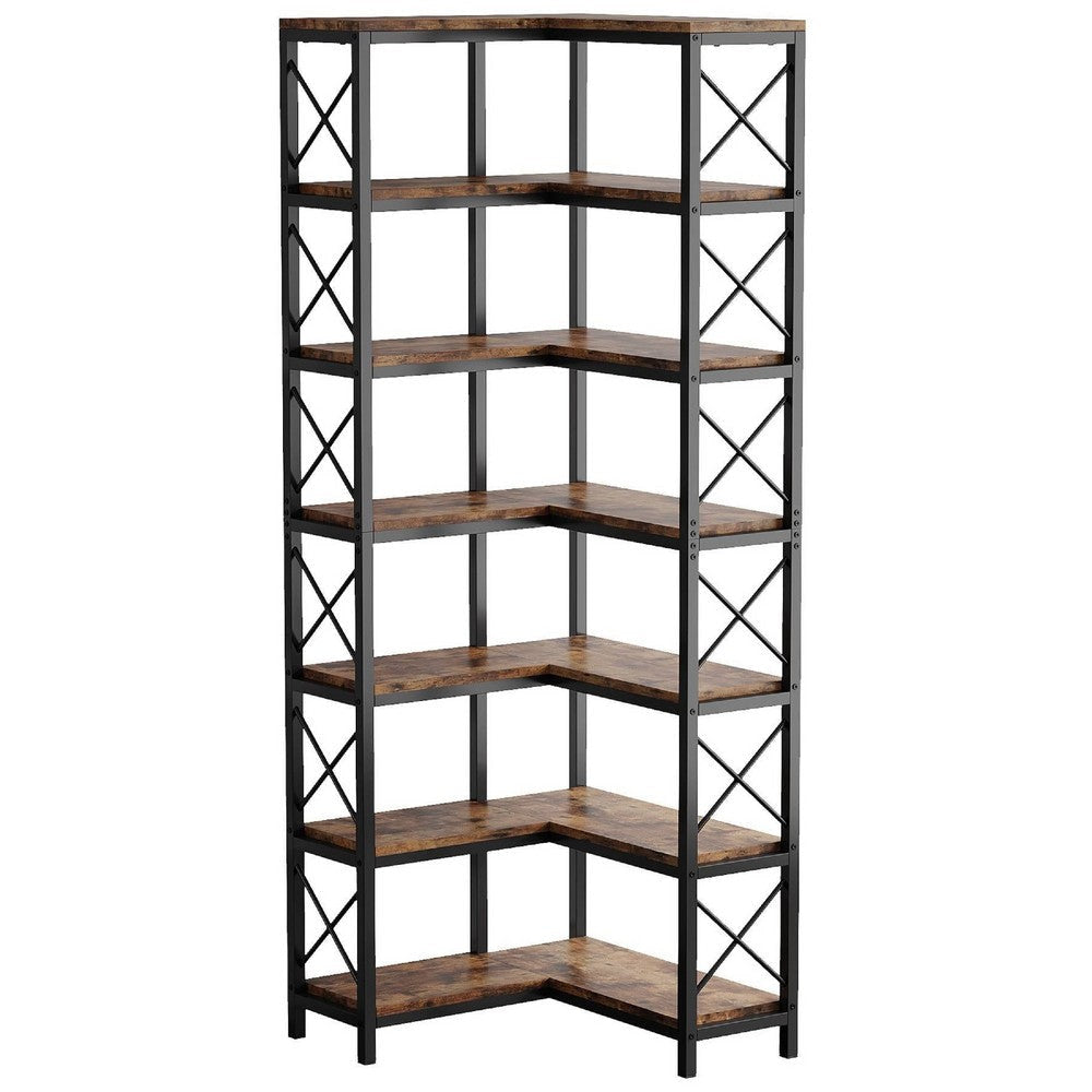 Corner Bookcase | 7 Tier w 14 Open Shelves | 79’’ Industrial Black BM336925