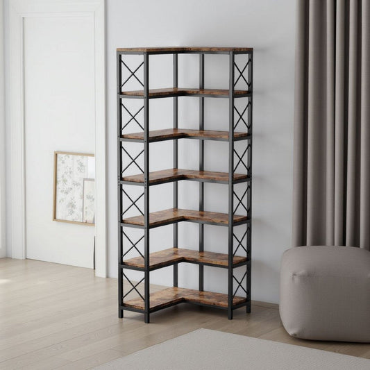 Corner Bookcase | 7 Tier w 14 Open Shelves | 79" Industrial Black