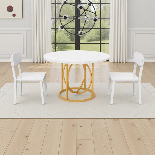 Dining Table | 47" Round White Top with Geometric Gold Metal Base