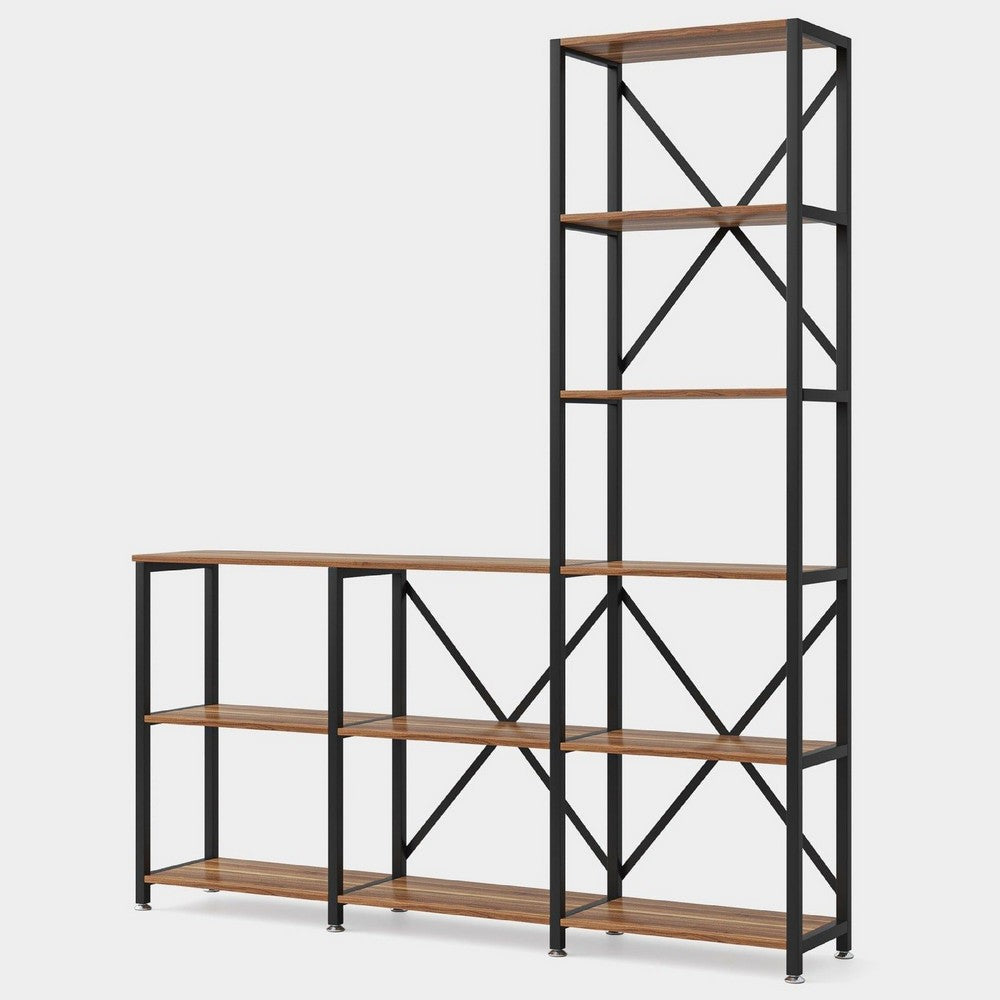 Ladder Corner Bookcase | 9 Shelf | Industrial Black Metal | Brown Wood BM336927