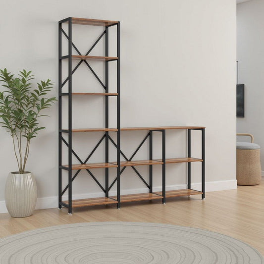 Ladder Corner Bookcase | 9 Shelf | Industrial Black Metal | Brown Wood