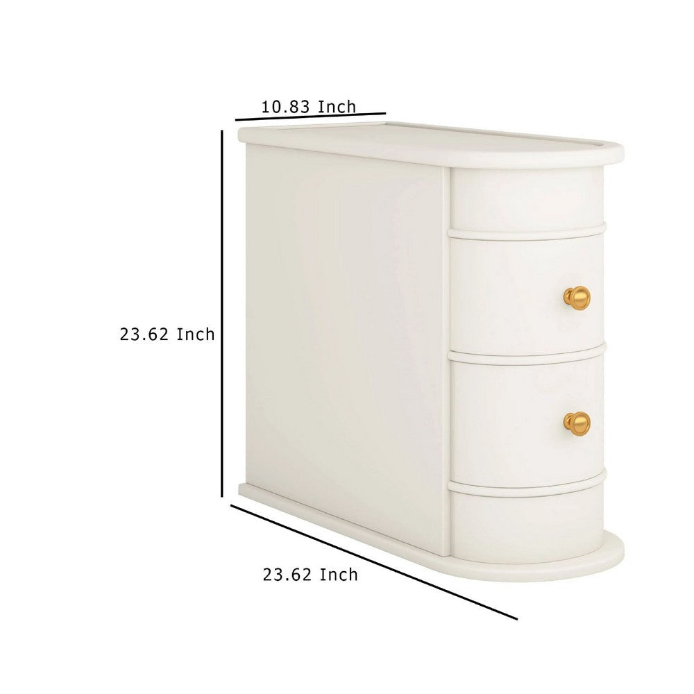 Side Table Nightstand w 2 Drawers | Narrow Curved Design | White Gold BM336928