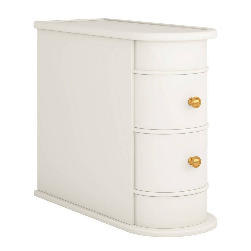 Side Table Nightstand w 2 Drawers | Narrow Curved Design | White, Gold