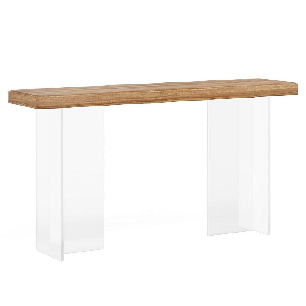 Sofa Console Table | 47" Brown Top w Wave Edges, Clear Acrylic Legs