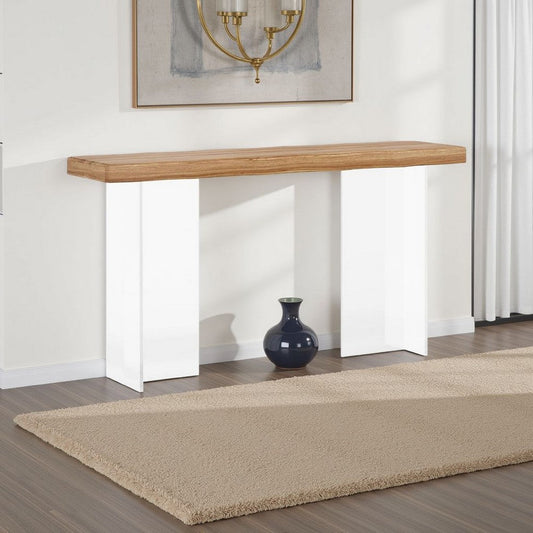 Sofa Console Table | 47" Brown Top w Wave Edges, Clear Acrylic Legs