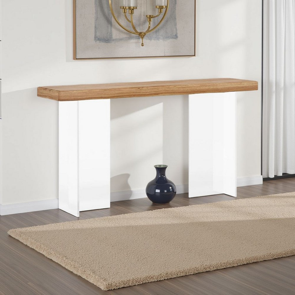Sofa Console Table | 47" Brown Top w Wave Edges, Clear Acrylic Legs