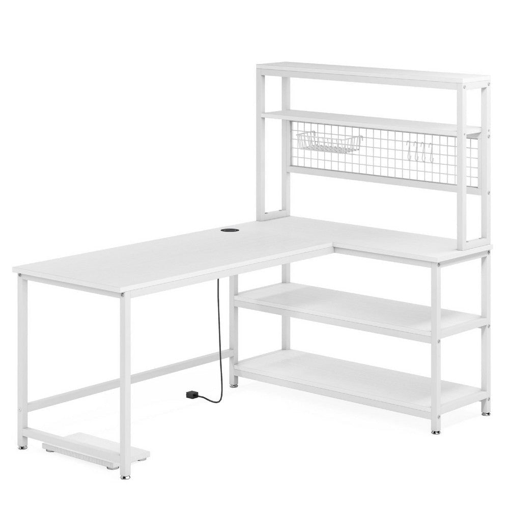 Reversible L Shaped Desk w Charging Pad | Display Shelf | 55’’ White