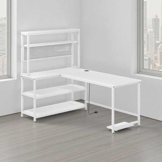 Reversible L Shaped Desk w Charging Pad | Display Shelf | 55" White