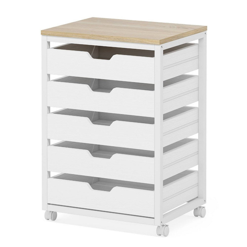 Mobile Office Cabinet | 5 Drawers w Open Handles | Rustic Brown White