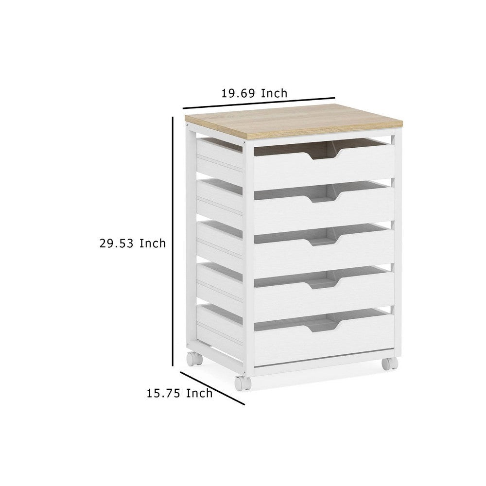 Mobile Office Cabinet | 5 Drawers w Open Handles | Rustic Brown White