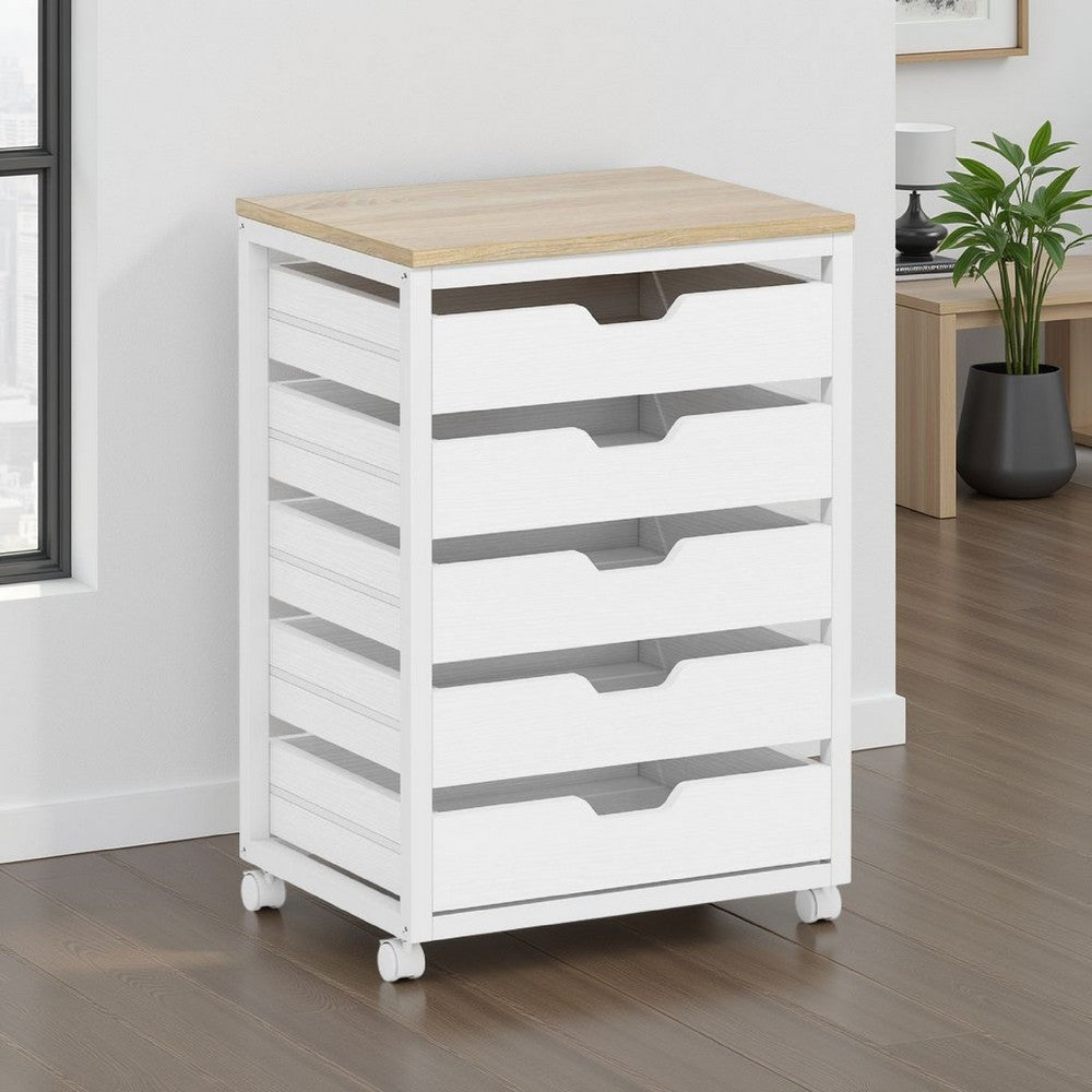 Mobile Office Cabinet | 5 Drawers w Open Handles | Rustic Brown White