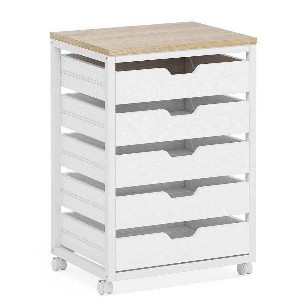 Mobile Office Cabinet | 5 Drawers w Open Handles | Rustic Brown White