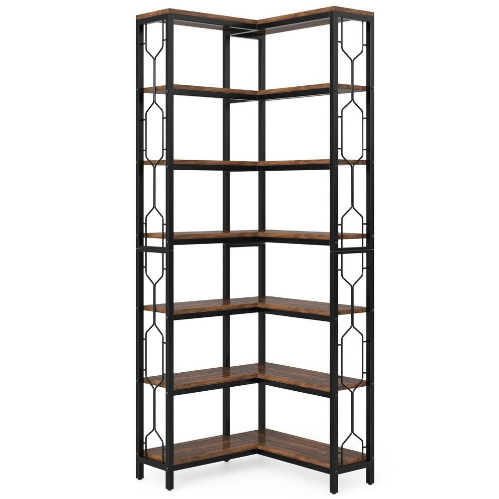 7 Tier Corner Bookcase | 14 Open Wood Shelves | 79’’ Industrial Black BM336937