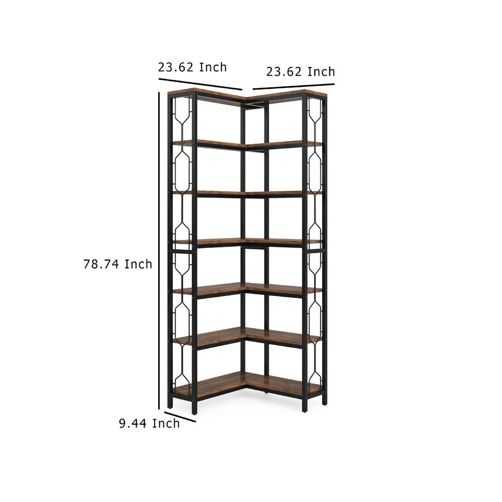 7 Tier Corner Bookcase | 14 Open Wood Shelves | 79’’ Industrial Black BM336937