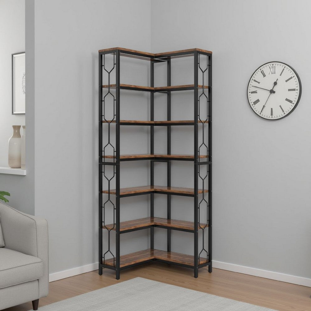 7 Tier Corner Bookcase | 14 Open Wood Shelves | 79" Industrial Black