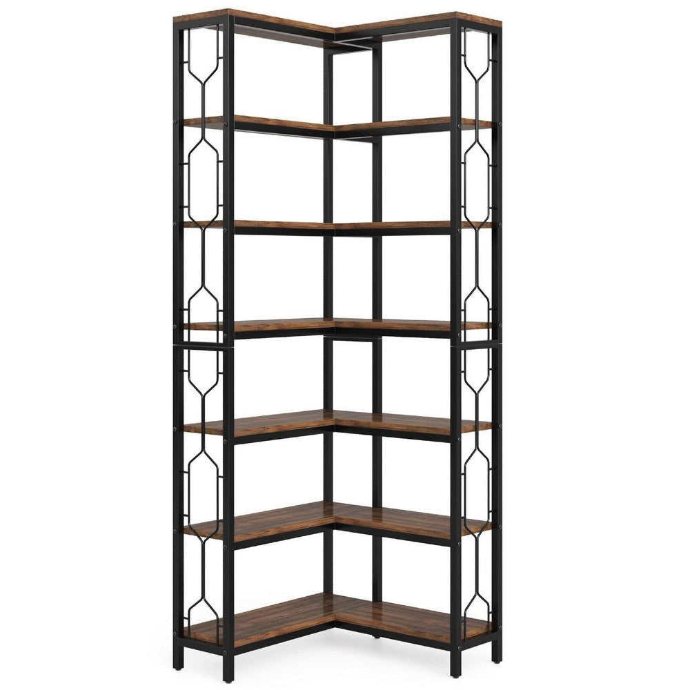 7 Tier Corner Bookcase | 14 Open Wood Shelves | 79" Industrial Black