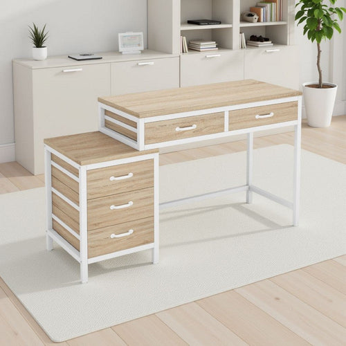 Study Computer Desk | Natural Brown | 5 Drawers | 39" White Metal