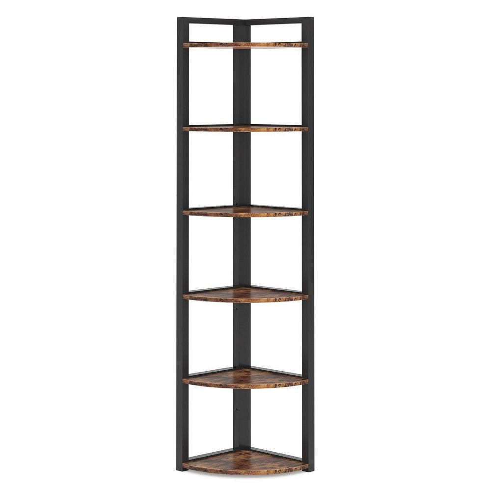 Freestanding Corner Bookcase | 6 Tier Brown Wood Shelves w Black Metal BM336940