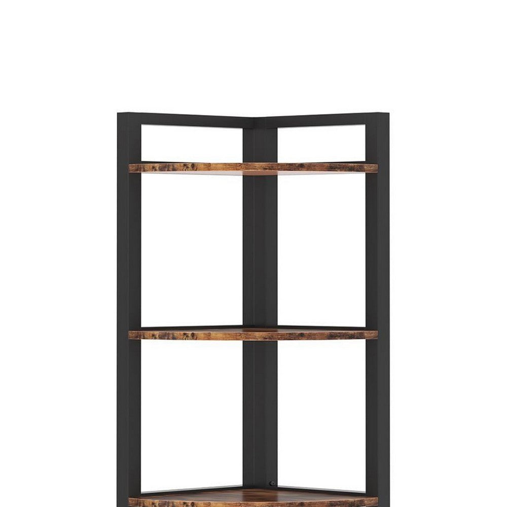 Freestanding Corner Bookcase | 6 Tier Brown Wood Shelves w Black Metal BM336940