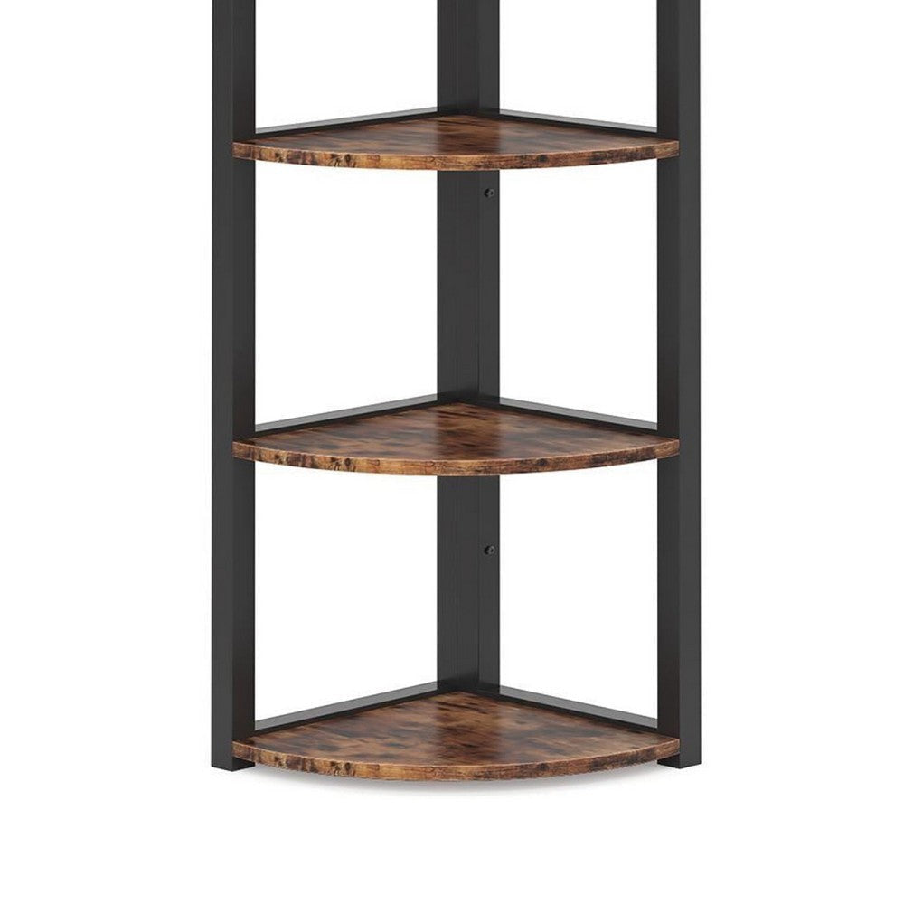 Freestanding Corner Bookcase | 6 Tier Brown Wood Shelves w Black Metal BM336940