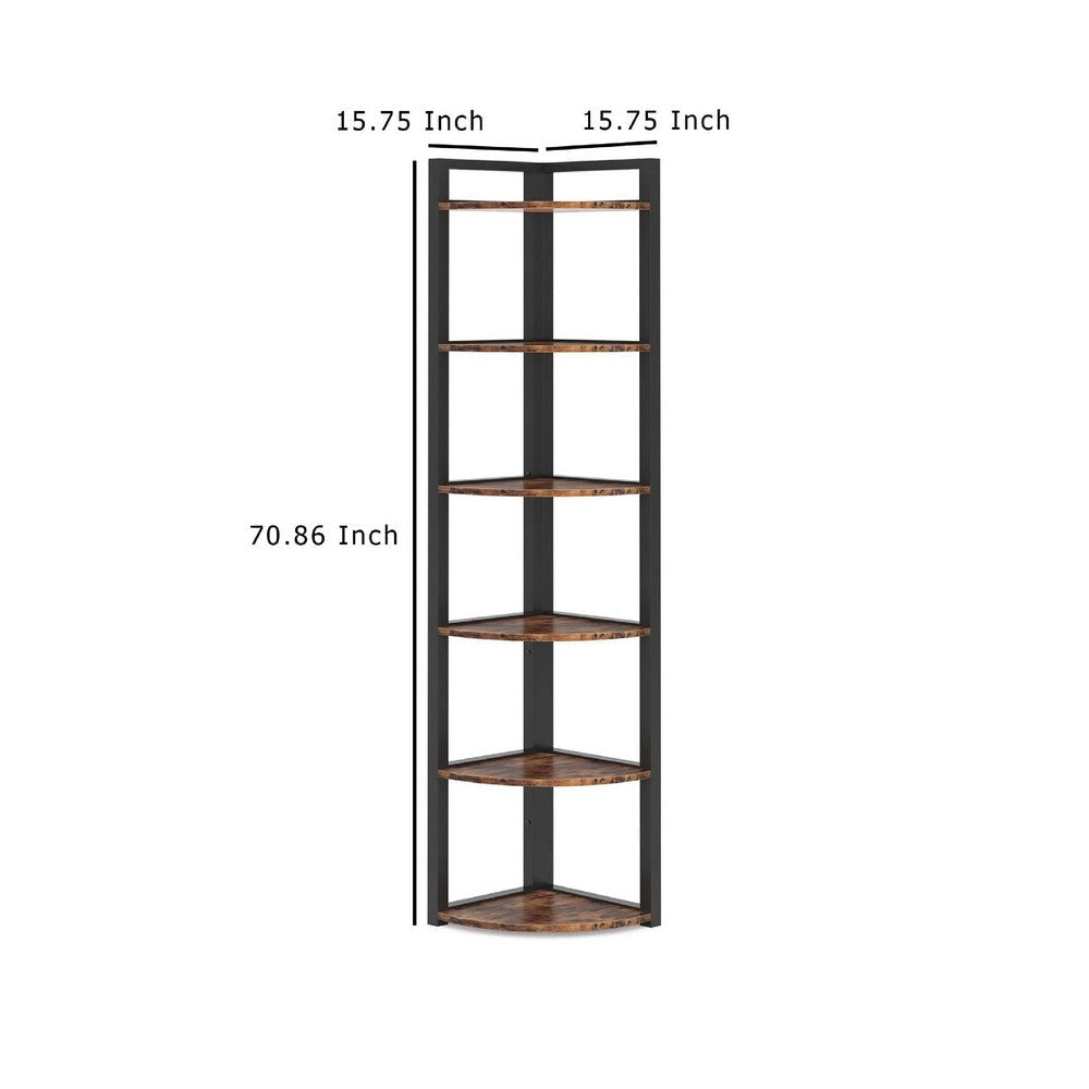 Freestanding Corner Bookcase | 6 Tier Brown Wood Shelves w Black Metal BM336940