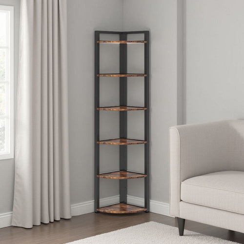 Freestanding Corner Bookcase | 6 Tier Brown Wood Shelves w Black Metal