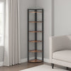 Freestanding Corner Bookcase | 6 Tier Brown Wood Shelves w Black Metal