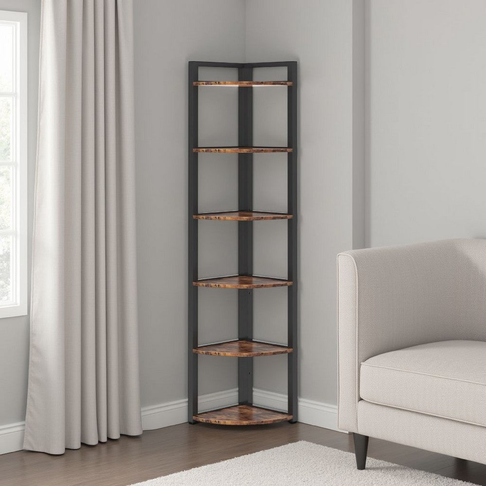 Freestanding Corner Bookcase | 6 Tier Brown Wood Shelves w Black Metal