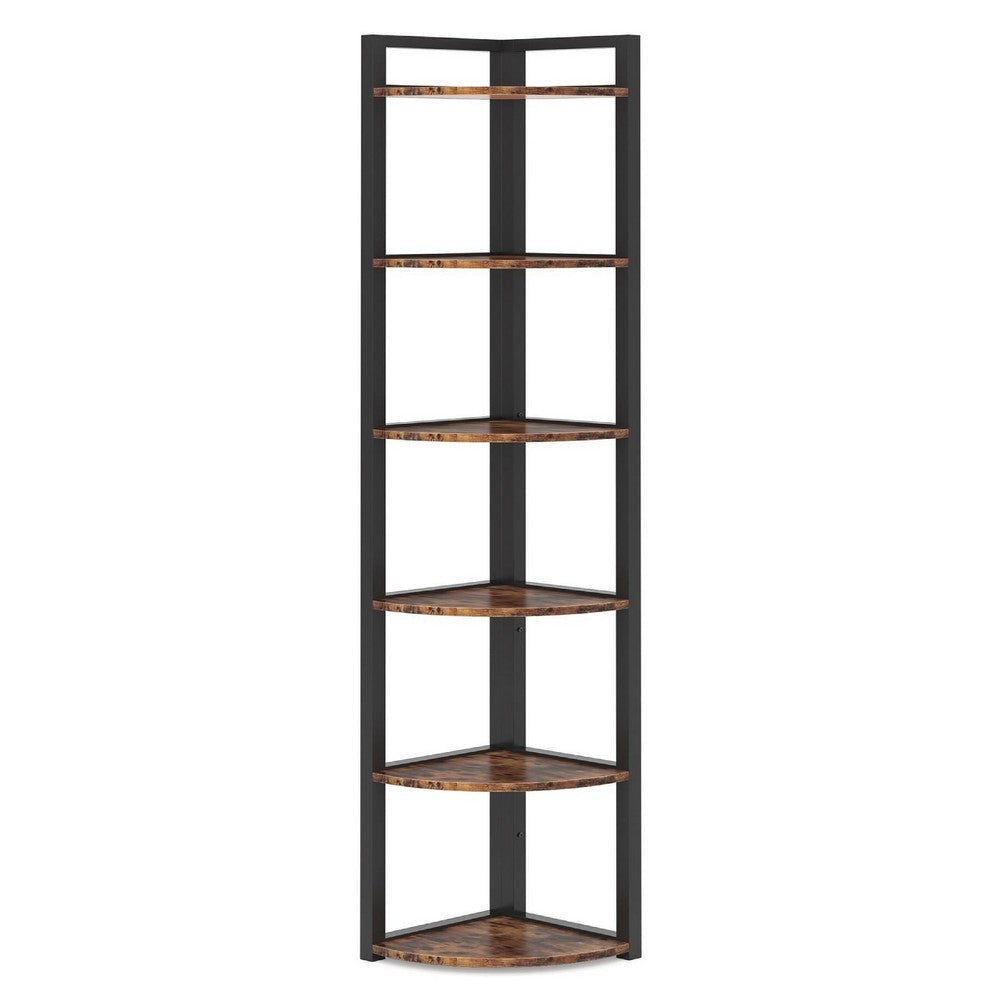Freestanding Corner Bookcase | 6 Tier Brown Wood Shelves w Black Metal