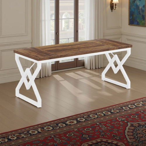 Executive Desk | 63" Rustic Wood Top | X Design White Metal Frame