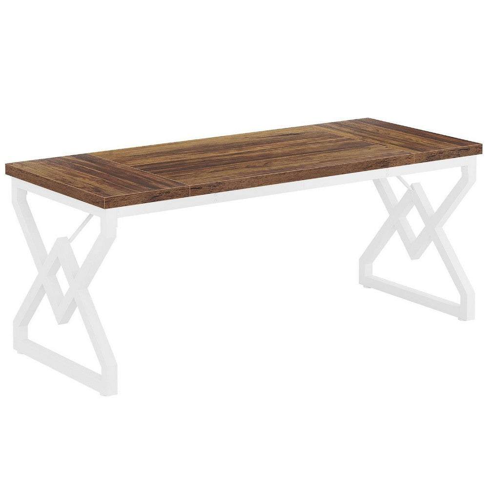 Executive Desk | 63" Rustic Wood Top | X Design White Metal Frame