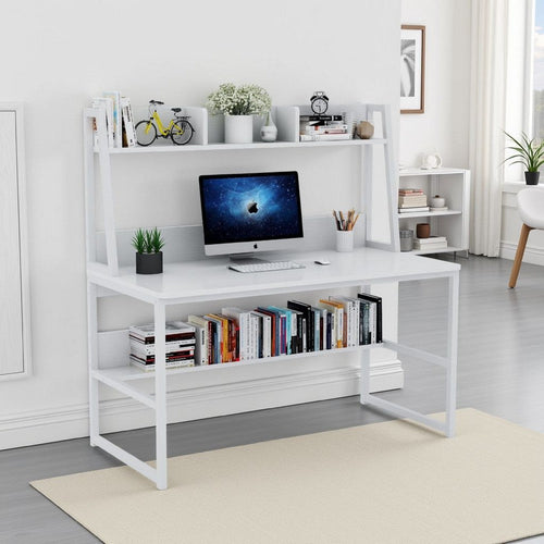 Hivy Computer Desk with Bookshelf Hutch | Metal Legs | White Wood