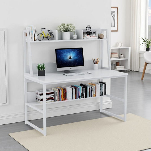 Hivy Computer Desk with Bookshelf Hutch | Metal Legs | White Wood