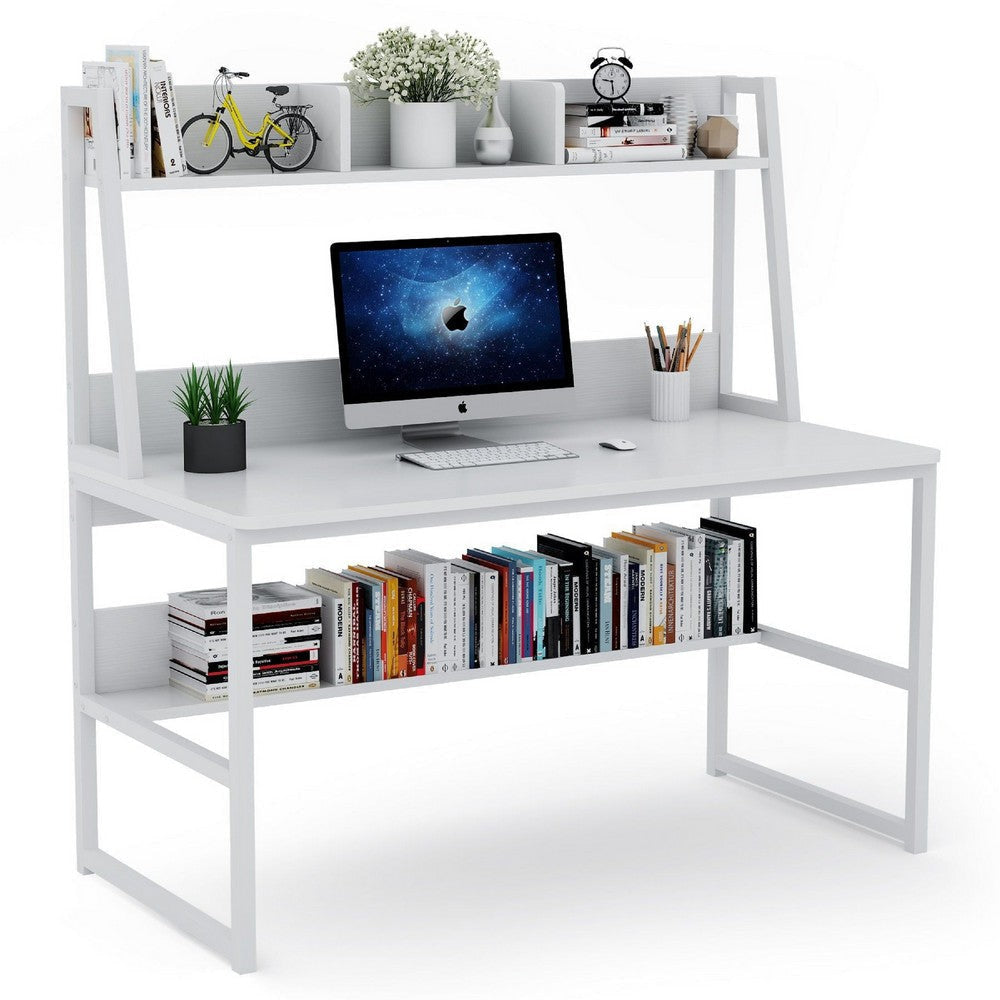 Hivy Computer Desk with Bookshelf Hutch | Metal Legs | White Wood