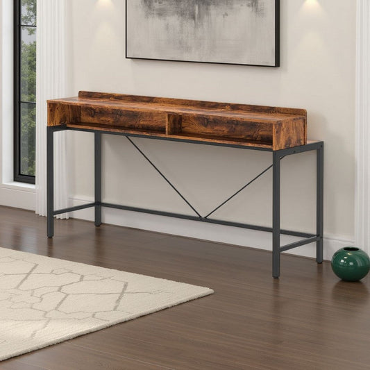 Zil Sofa Console Table | 71" | Industrial Brown Wood and Black Metal