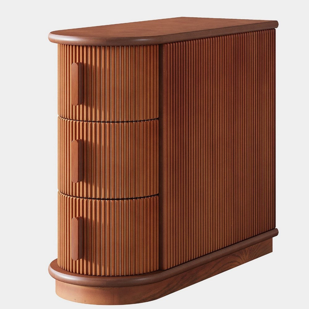 Lixy Side End Table |Narrow 24’’ 3 Oval Drawers Solid Brown Wood BM336946