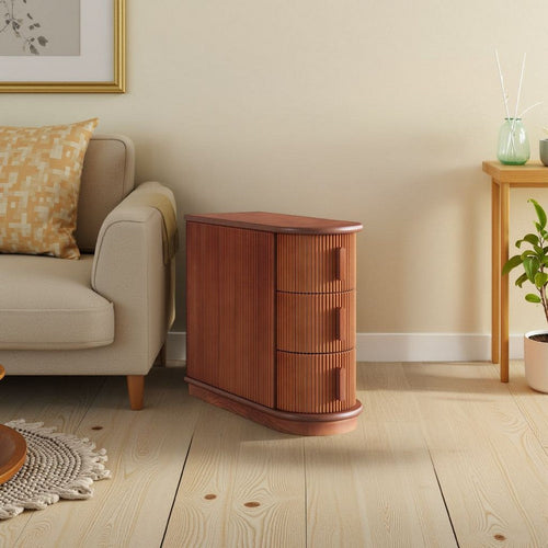 Lixy Side End Table |Narrow 24" 3 Oval Drawers, Solid Brown Wood