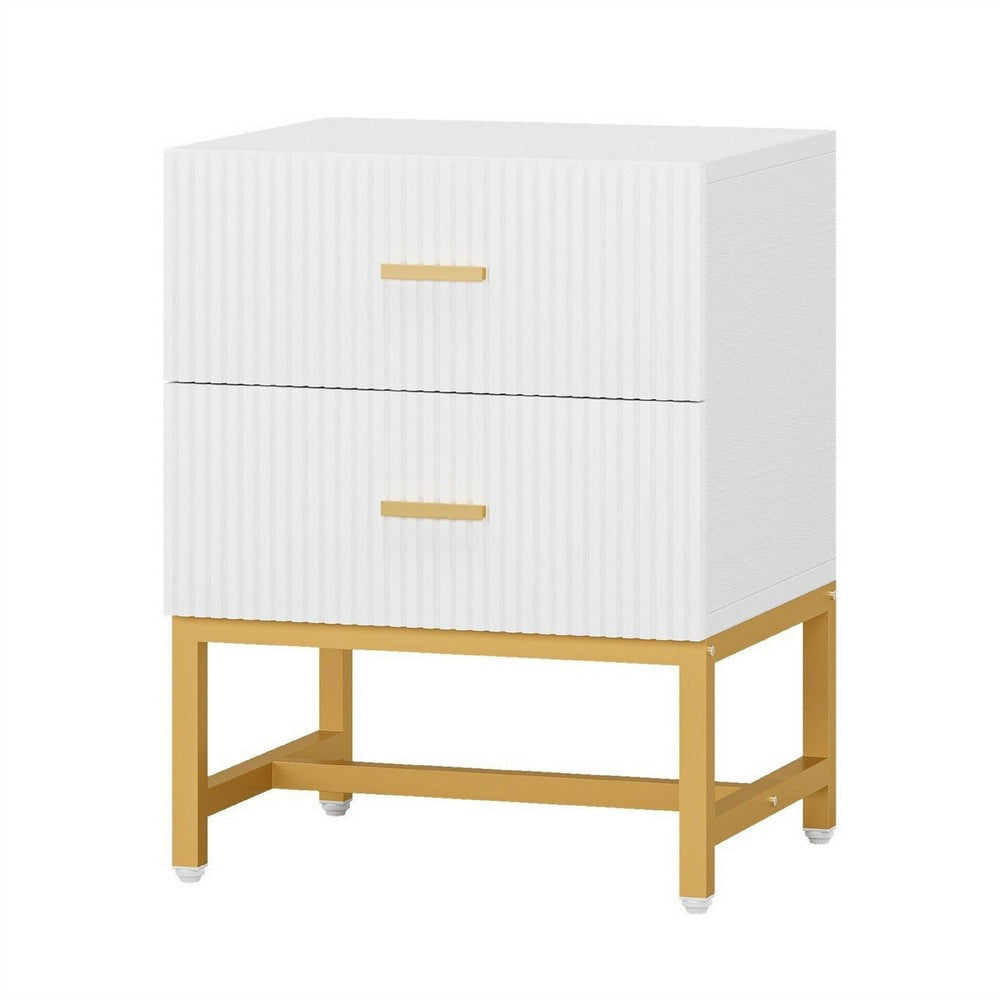 Aez Nightstand | 2 Drawers | White Wood | Gold Metal Legs Bar Handles BM336948