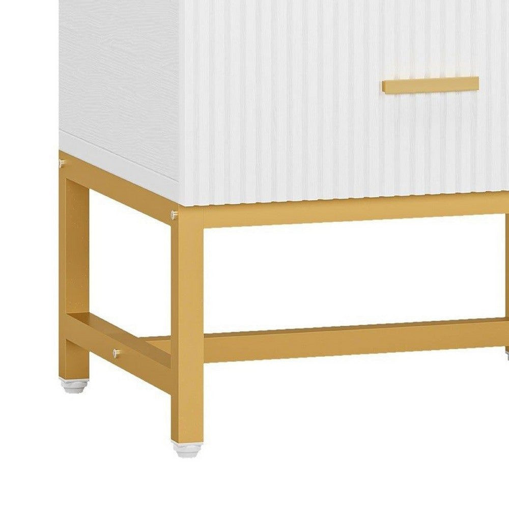 Aez Nightstand | 2 Drawers | White Wood | Gold Metal Legs Bar Handles BM336948