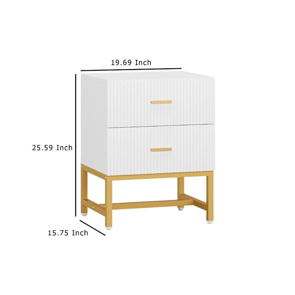 Aez Nightstand | 2 Drawers | White Wood | Gold Metal Legs Bar Handles BM336948