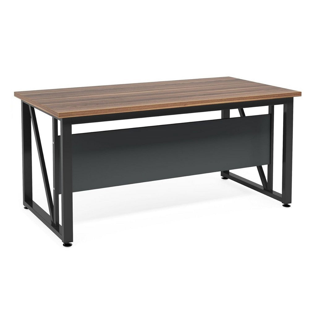 Tibe Computer Desk | 55" Rectangle Top | Brown Wood Black Metal Legs