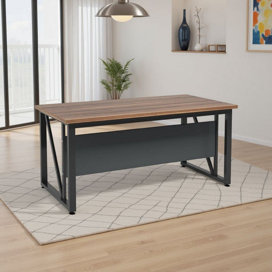 Tibe Computer Desk | 55" Rectangle Top | Brown Wood Black Metal Legs